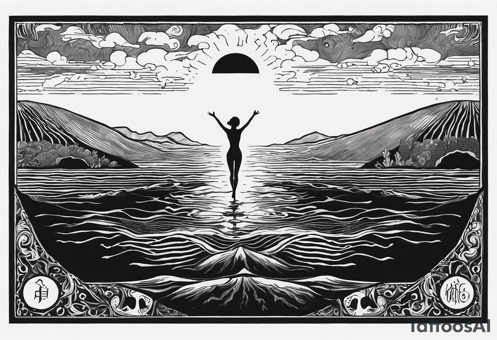 In a rectangle: woman underwater reaching up to the sky towards the sun. Under the water there is a layer of earth with Skeletons underground. “Momento Mori” written on the bottom of the rectangle and “Momento Vivere” written on the top of the rectangle tattoo idea