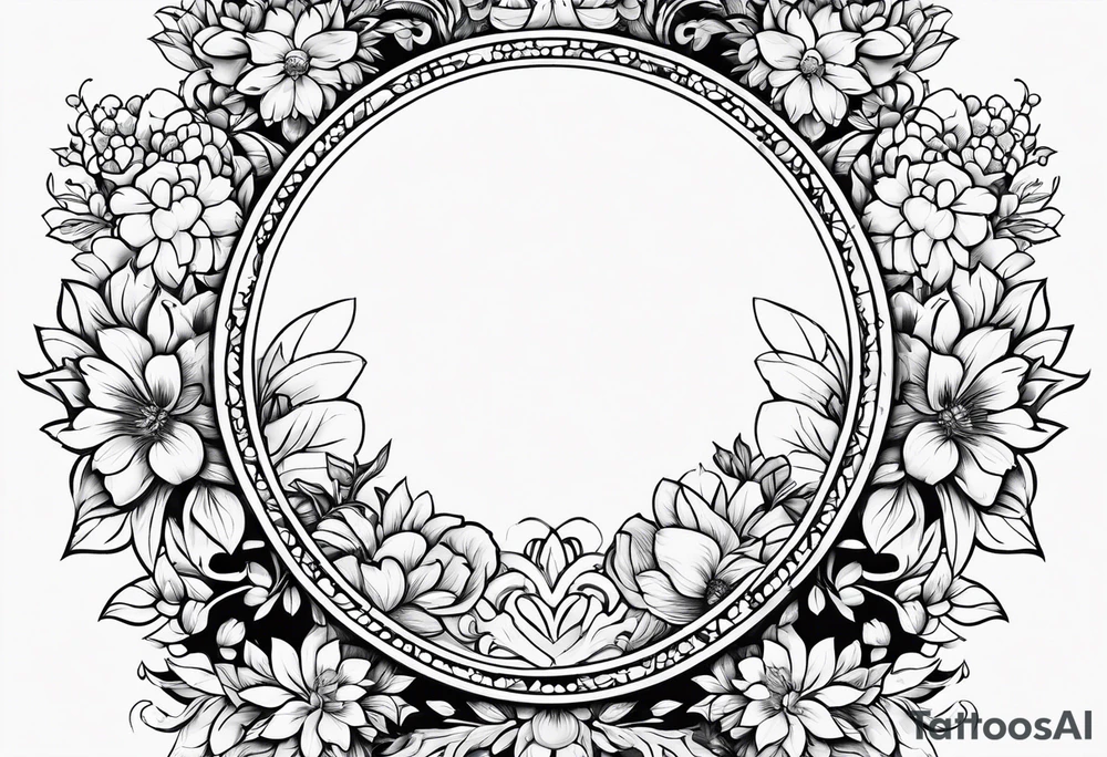 simple Round boarder completely empty inside the boarder 
surrounded by flowers tattoo idea