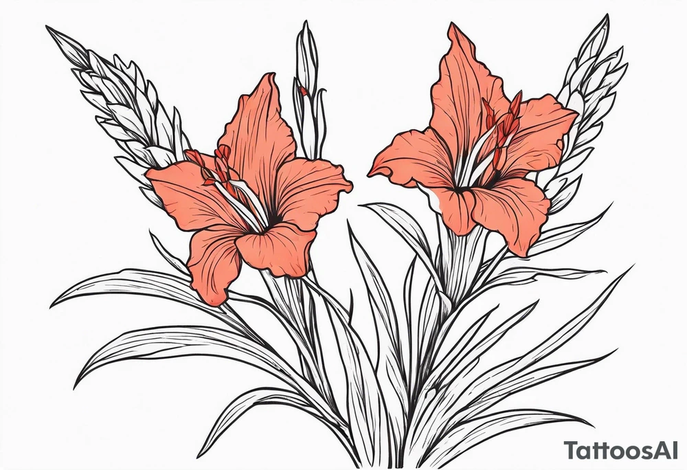 a thin narrow gladiolus with coral-colored flowers with red centers tattoo idea