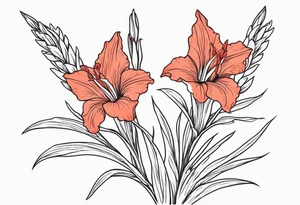 a thin narrow gladiolus with coral-colored flowers with red centers tattoo idea