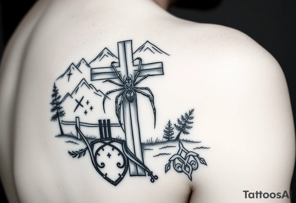a cross surrounded by a fence with mountains in the background. A daddy long-leg spider climbing up the arm. native American tribal insignia wrapping around the arm. also add two bible versus  that will go under the cross. add a small amount of Irish Celtic designs. tattoo idea