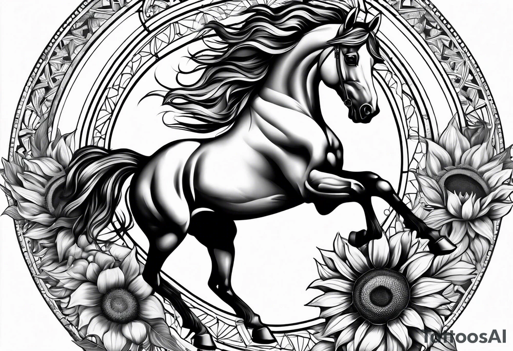 Horse, compass, sunflower tattoo idea