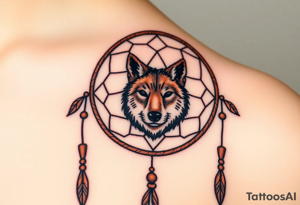 A wolf’s paw print in the center of a dreamcatcher, with the wolf’s face subtly peeking through. The dreamcatcher threads are light brown, and the paw print is shaded in dark brown with hints of green around the edges. tattoo idea