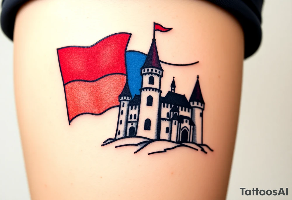 A Czech flag (blue, white up, red down) waving behind a medieval castle tattoo idea