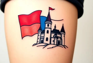 A Czech flag (blue, white up, red down) waving behind a medieval castle tattoo idea
