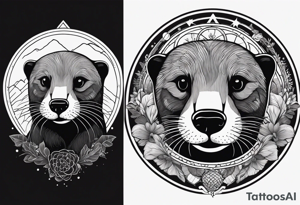 loutre sauvage avec en arriere plan une fleur de vie et des planets qui tourne autour tattoo idea