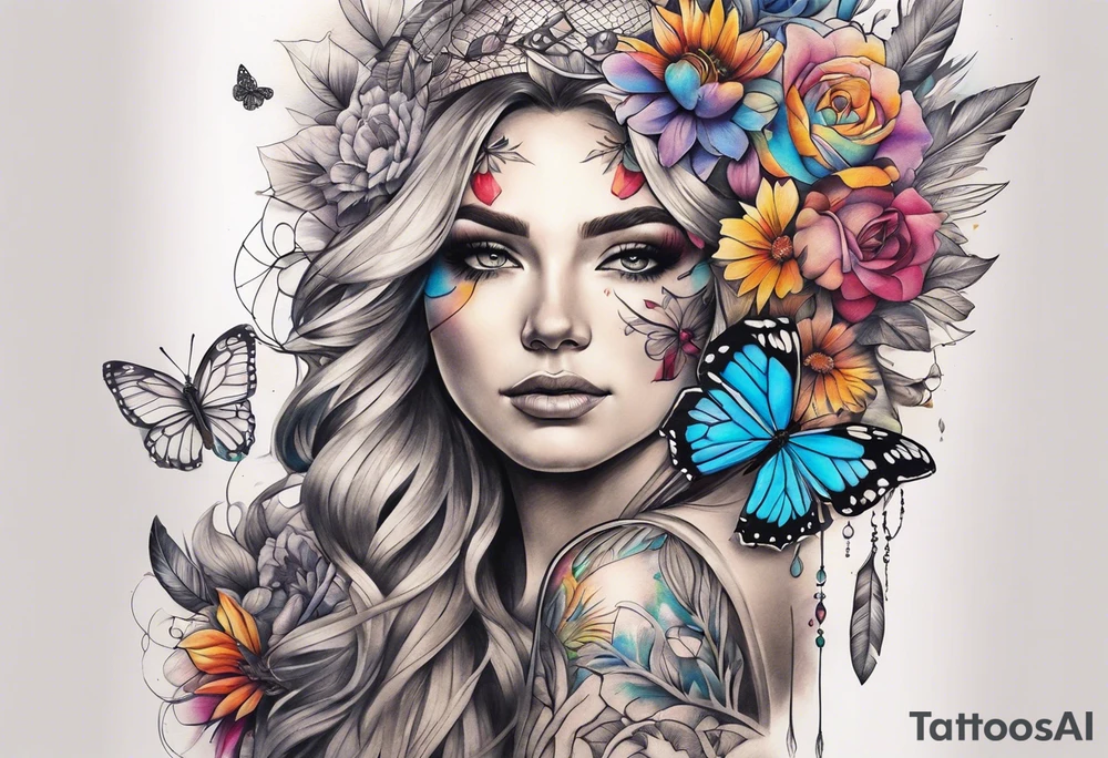 arm sleeve with dreamcatcher, rainbow flowers and one butterfly tattoo idea