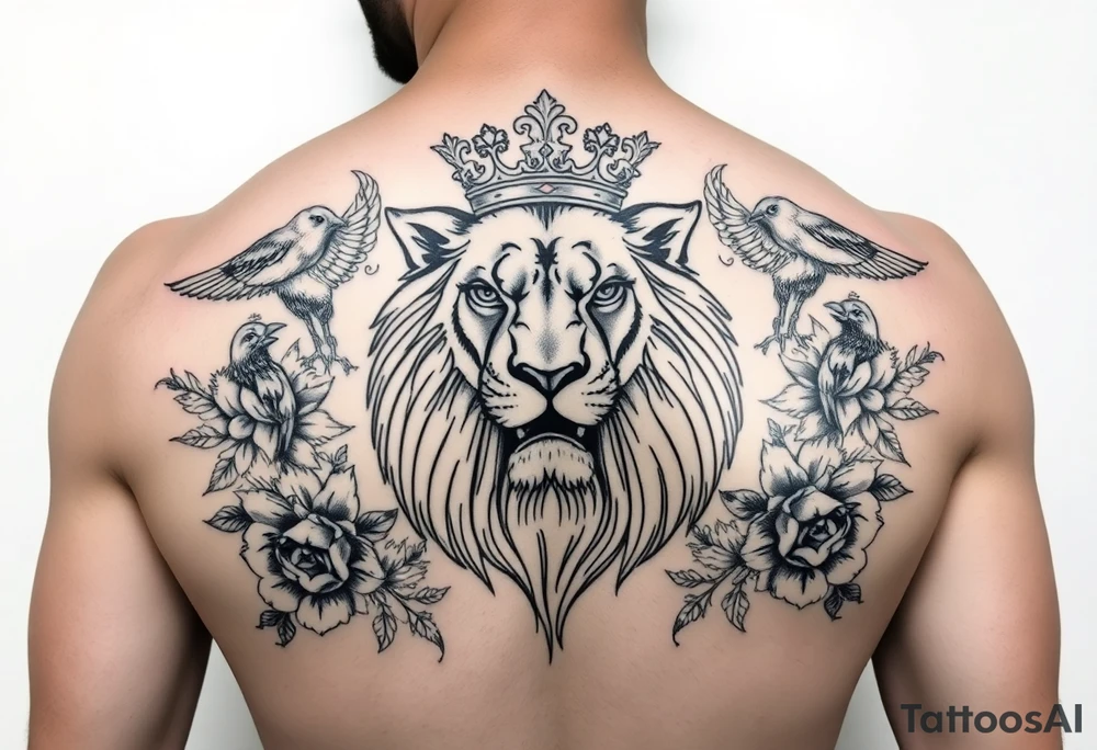 powerful majestic lion with a crown, surrounded by floral ornaments and birds tattoo idea