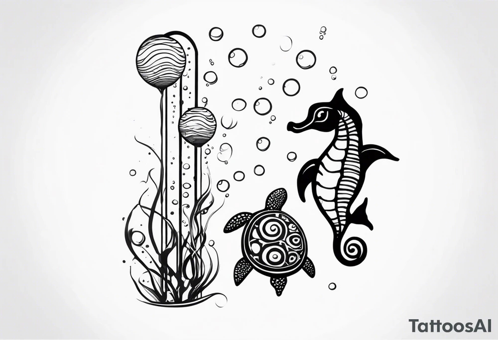Small Starfish, Seahorse and turtle in a vertical line with bubbles tattoo idea Small Starfish, Seahorse and turtle in a vertical line with bubbles tattoo idea