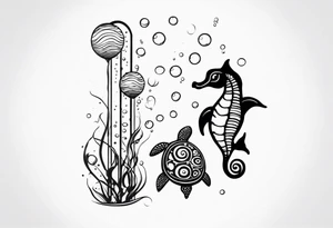 Small Starfish, Seahorse and turtle in a vertical line with bubbles tattoo idea