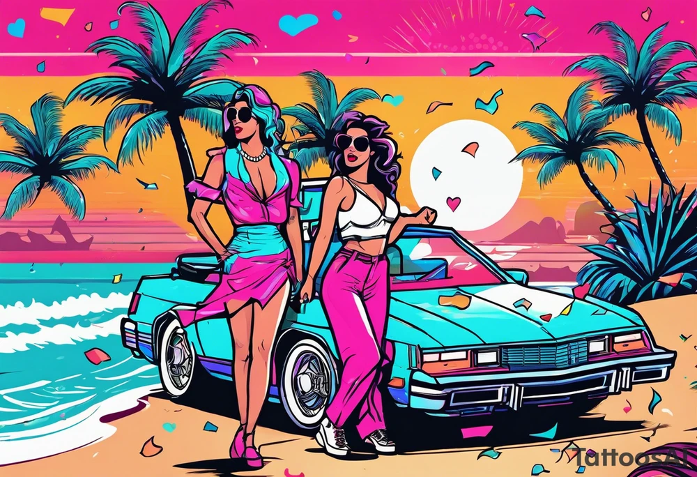 1980's miami vice style dance party with boom box, confetti, music notes in a retro eighties beach theme, no cars tattoo idea