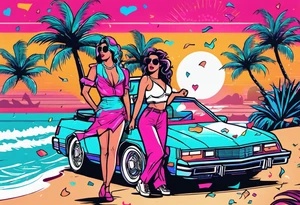 1980's miami vice style dance party with boom box, confetti, music notes in a retro eighties beach theme, no cars tattoo idea