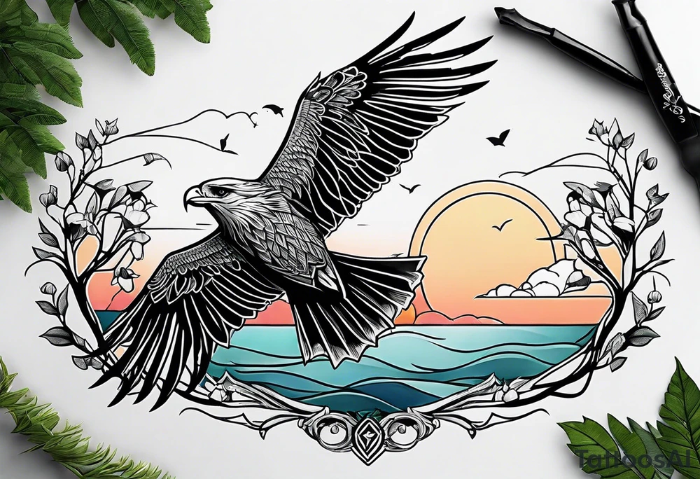 Small norma arm tattoo. Black kite (Daya's name), nature (trees/sea), small sunflower. Soft colours tattoo idea