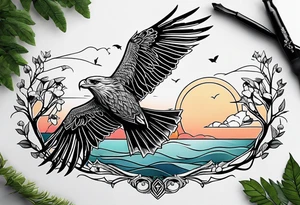 Small norma arm tattoo. Black kite (Daya's name), nature (trees/sea), small sunflower. Soft colours tattoo idea