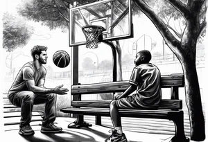 man handing a basketball to kid on a bench tattoo idea