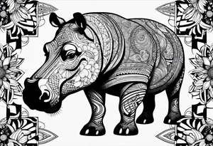 Hippo, flowers, moon, interstella, 
fine lines, tribal, geometric tattoo idea