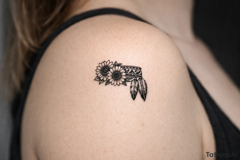sunflowers with feathers and female Indian headband ribbon tattoo idea