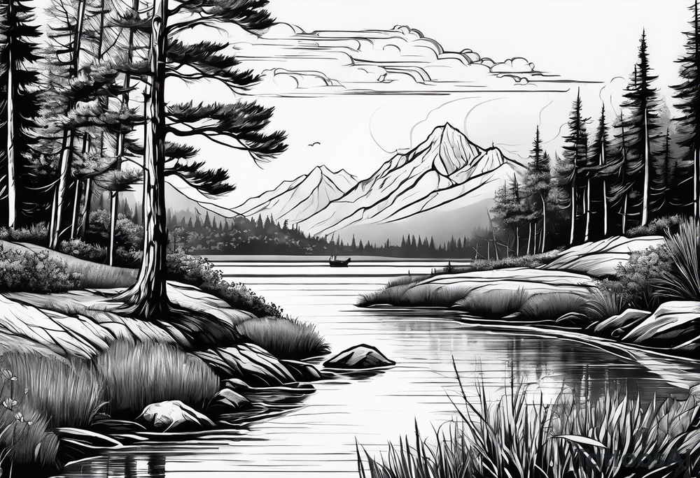landscape and fishingpole and line with hook tattoo idea