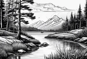 landscape and fishingpole and line with hook tattoo idea