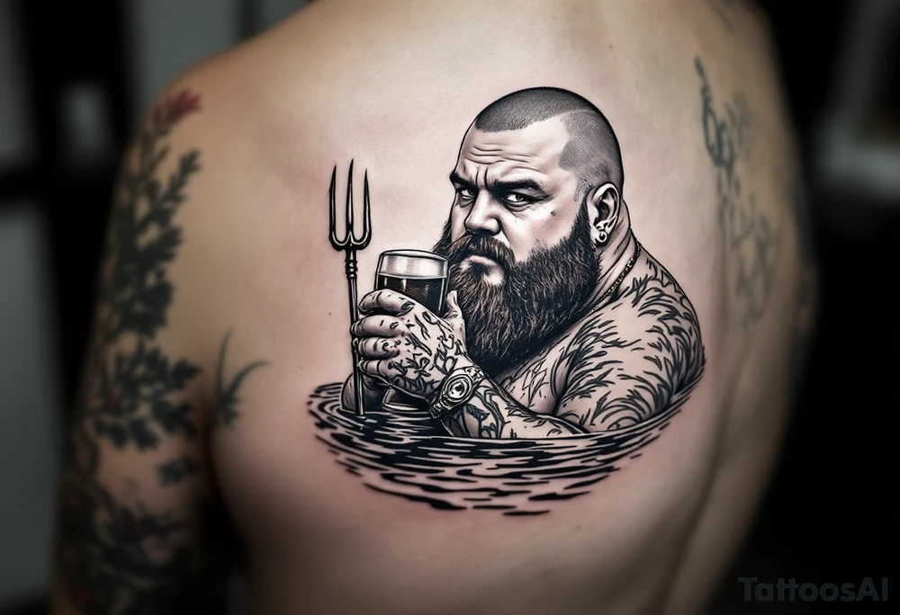 Gay fat guy, shaved, with trident, half way in calm water, with a beer tattoo idea