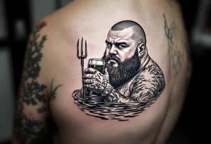 Gay fat guy, shaved, with trident, half way in calm water, with a beer tattoo idea