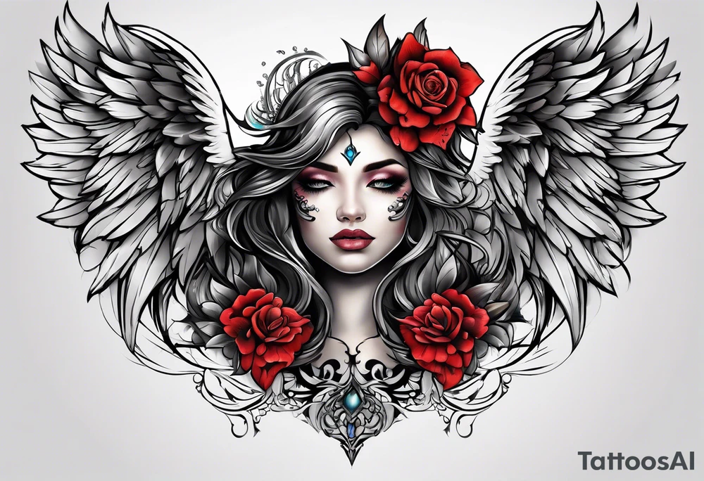 Half face half angel face tattoo idea