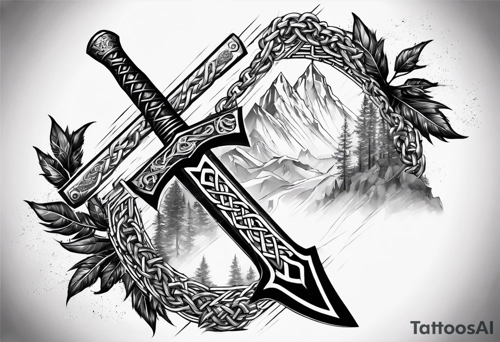 Valhalla sword  axe Valknut barbed wire chains tattoo idea