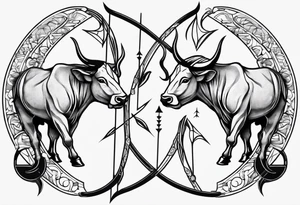 Half Taurus symbol Half Gemini symbol, split down the middle by an arrow. Astrology tattoo idea