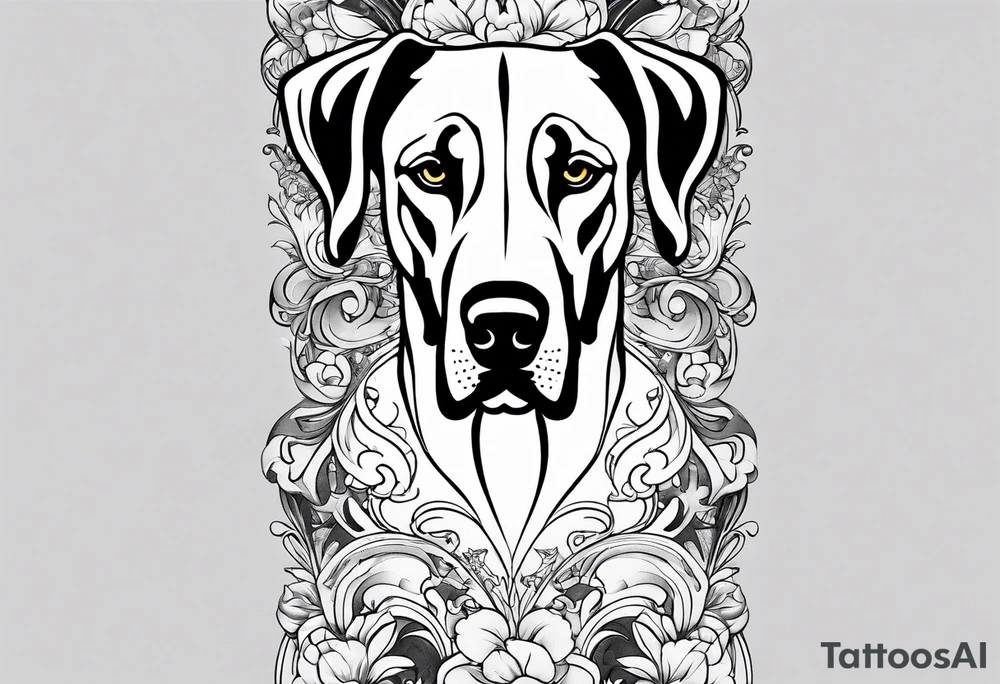 Arm sleeve that has 4 Great Dane heads mixed in with other fill work tattoo idea
