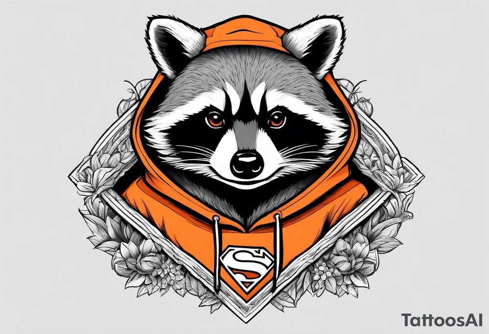 Raccoon wearing an orange Superman hoodie tattoo idea