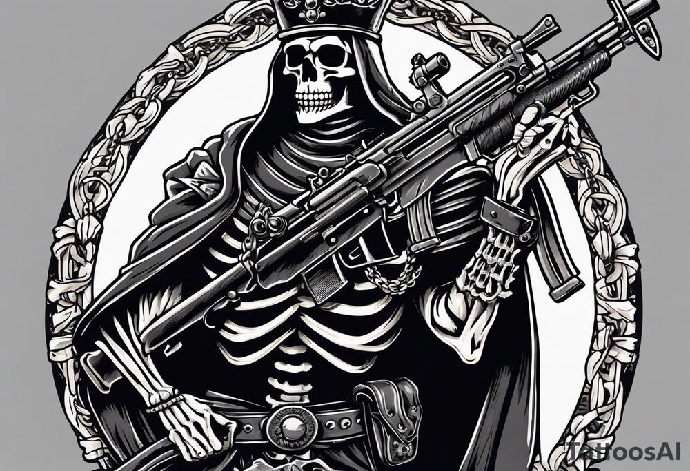 image of a skeleton standing frontally with a crown on his head, holding an AK-47 on his shoulder with his right hand. The chain on the left should be taut, there are three angry barking Dobermans in it, near the waist tattoo idea