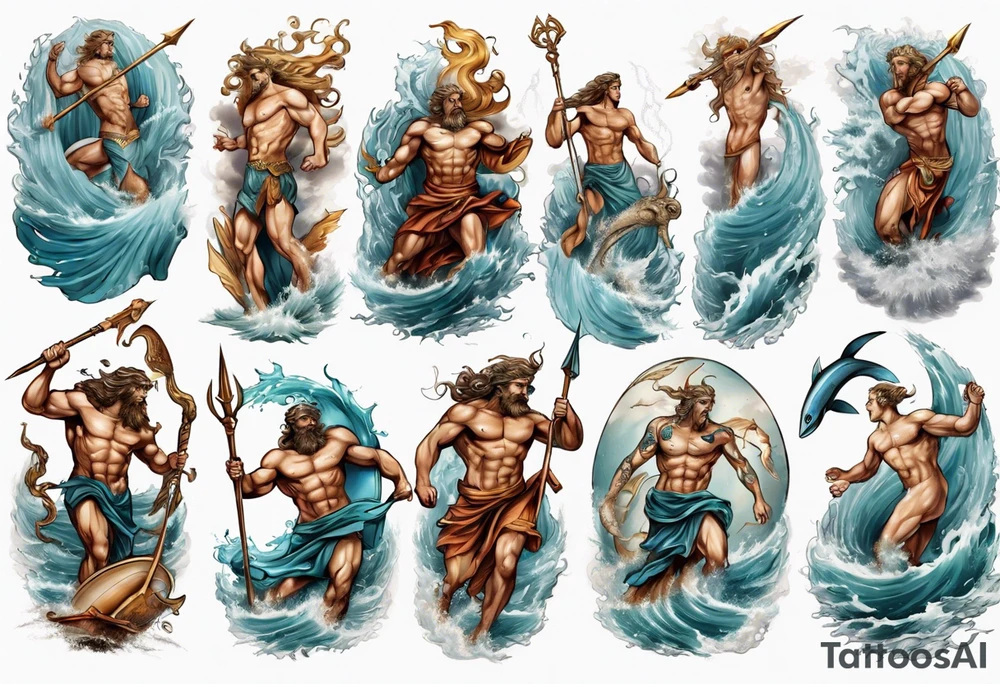 Ancient Greek gods of the sea fighting with surfer  and trident tattoo idea