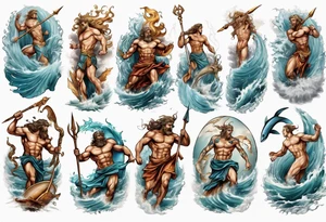 Ancient Greek gods of the sea fighting with surfer  and trident tattoo idea