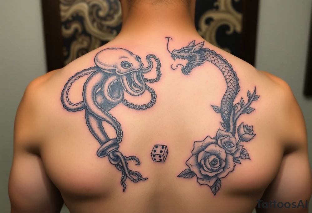 Squid and dragon combined with chains, tree roots, cherry blossoms and roses rolling dice tattoo idea