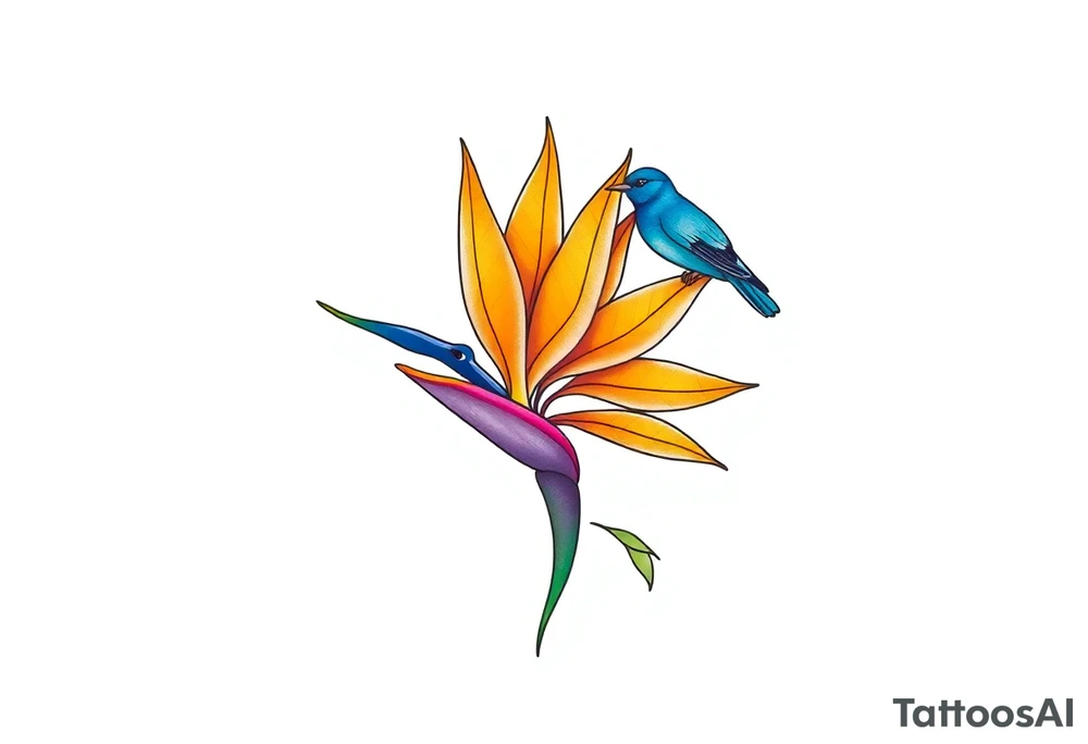Bird of paradise flower with blue bird tattoo idea