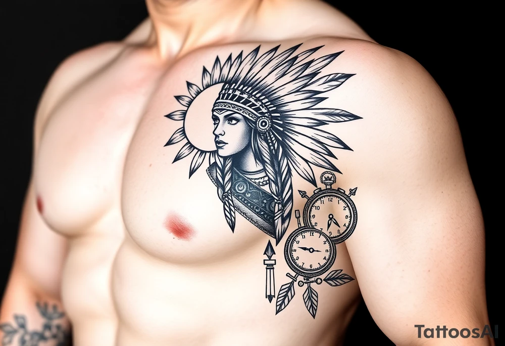 Native American girl with headdress in the sun a compass and a clock and arrowhead tattoo idea