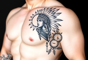 Native American girl with headdress in the sun a compass and a clock and arrowhead tattoo idea