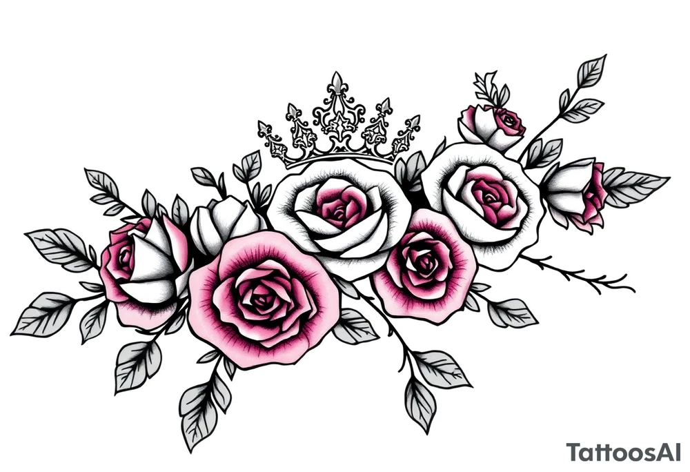 detailed beautiful gothic boho flowers and roses on vine with gorgeous crown ornamental tattoo idea