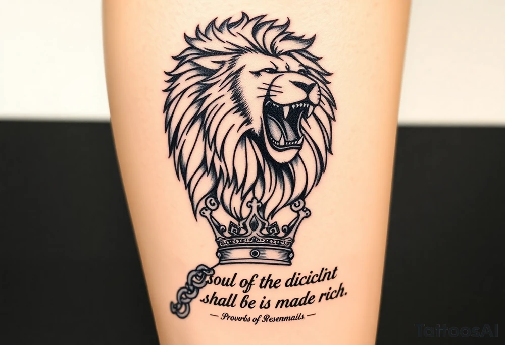 Very masculine and strong for calf shape.

Top of calf:
	•	Roaring lion (discipline, kingship)

Below:
	•	Broken chain (laziness)
	•	Crown resting on a Bible or stone tablet

Text:
	•	The main line: “The soul of the diligent shall be made rich.” larger
	•	First half smaller above or below
	•	Proverbs reference under the lion’s jaw

This works well if your cover-up needs bold contrast and texture (lion’s mane hides a lot). tattoo idea