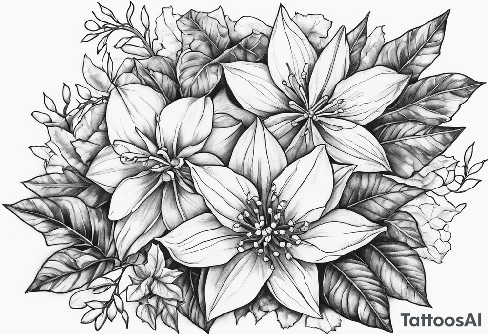 Narcissus, Poinsettia, and Holly tattoo idea