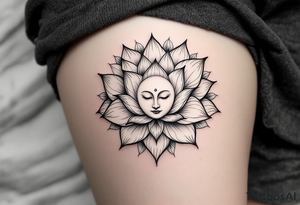 "Sacred Circle of the Lotus" – A delicate lotus flower forming a circular shape, with the petals soft and flowing outward. In the center, a subtle Buddha's face or a small Om symbol to represent inner peace and enlightenment. tattoo idea