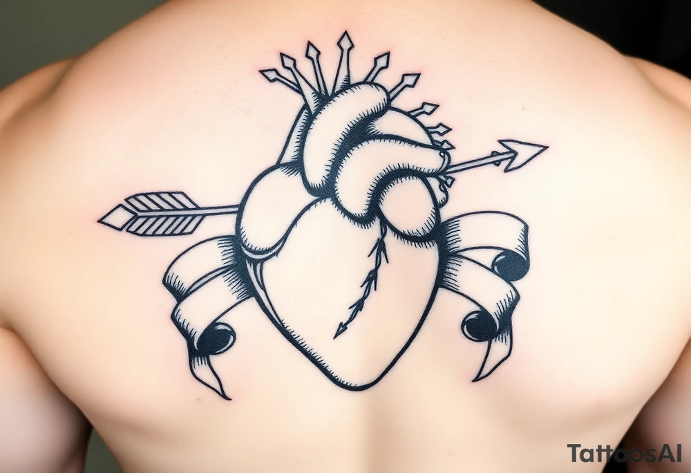 anatomical heart pierced by ornate arrow with flowing ribbons tattoo idea