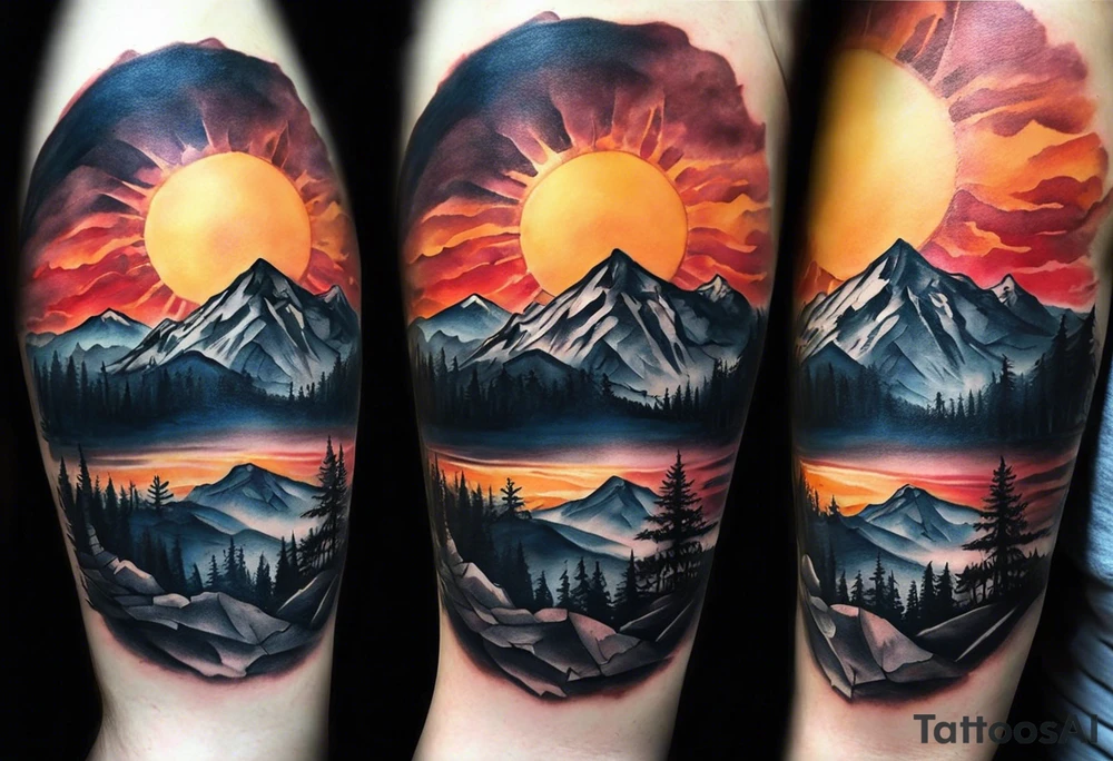 Half sleeve. View from the base of the mountains looking up to the sun. The sun is a clock that reads 12:01 to signify a new day. I want a clock tower in the middle of the mountains with the times my two sons were born. This tattoo represents overcoming massive obstacles and becoming a better person. tattoo idea