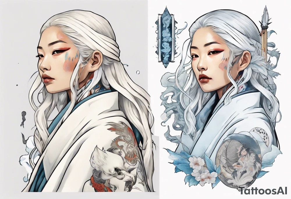 an indigenous woman with long white hair dressed in a white coat holding a white wand surrounded by ice tattoo idea