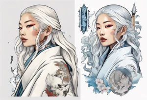 an indigenous woman with long white hair dressed in a white coat holding a white wand surrounded by ice tattoo idea