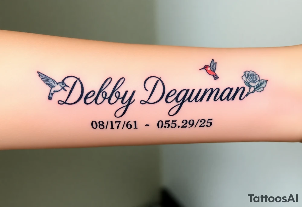 Tattoo of the exact name Debby Deguzman in chunky curly cursive with the exact dates of 08/17/61-05/29/25 surrounded by 1 hummingbird and 1 rose tattoo idea