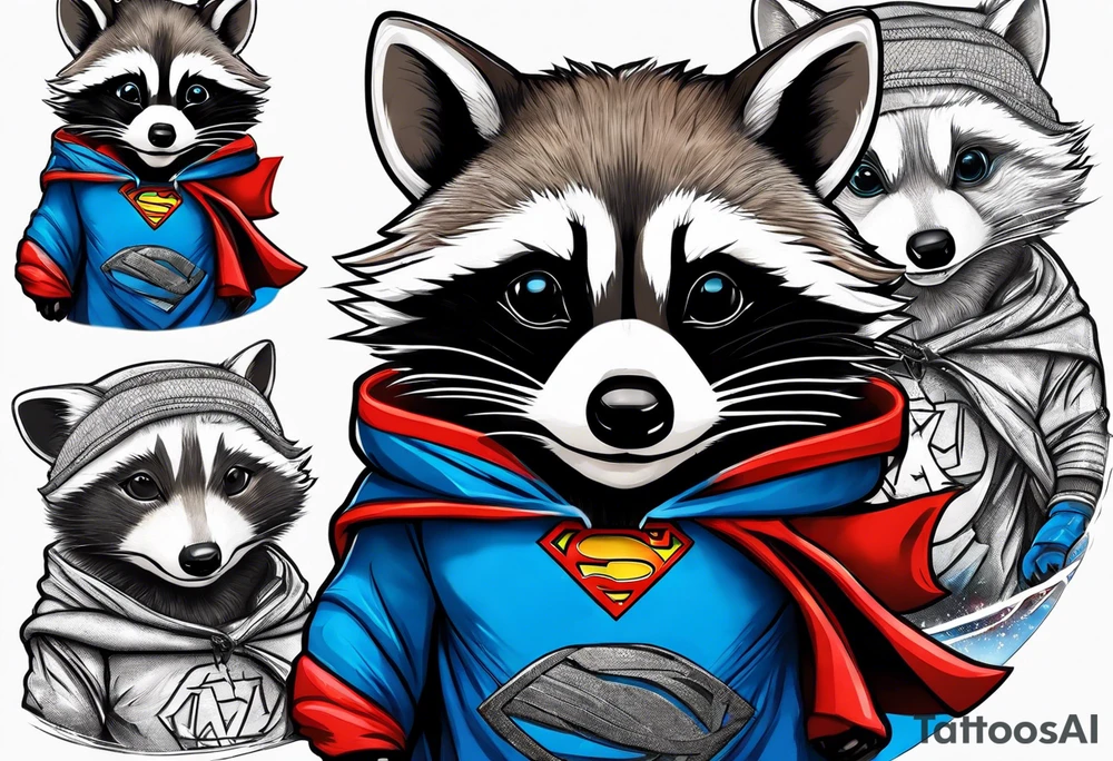 raccoon wearing a Superman hoodie tattoo idea
