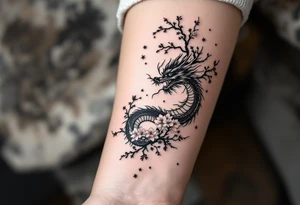 detailed dragon japanese style sakura trees abstract lines dark/rough aesthetic tattoo idea