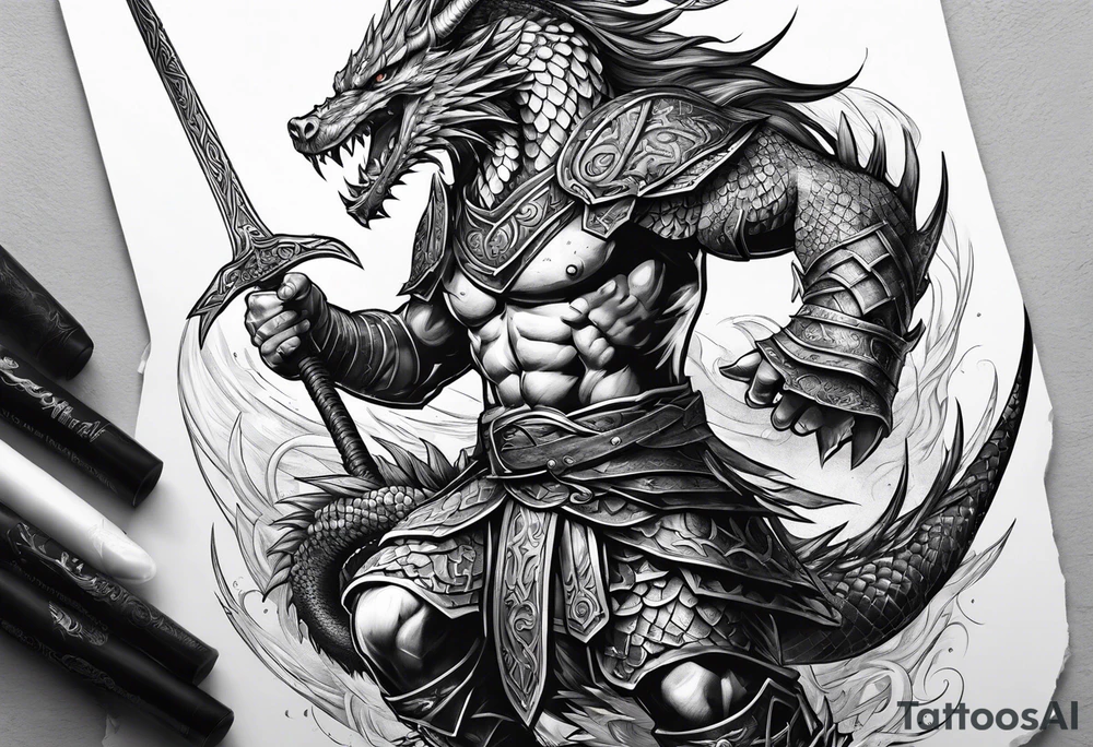 Norse Warrior stabbing a Dragon straight down tattoo idea