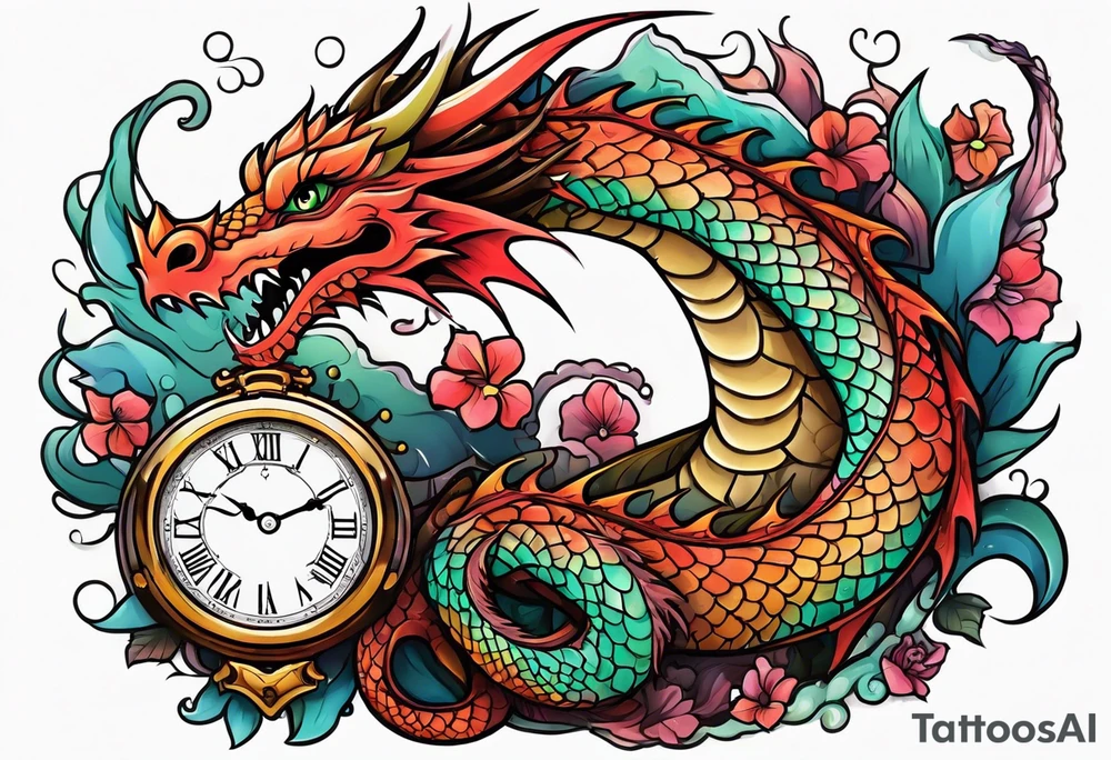 Dragon kawaii , clock, cross tattoo idea
